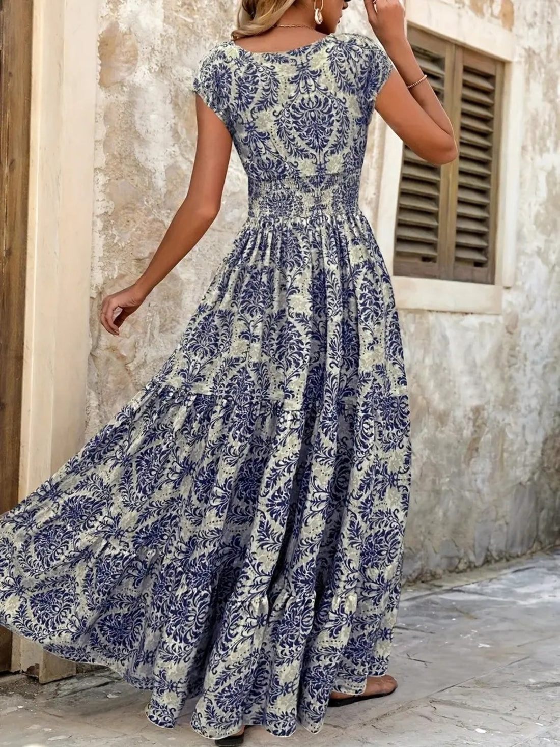 Smocked Tiered Maxi Dress - Chic Polyester Statement - cas7m