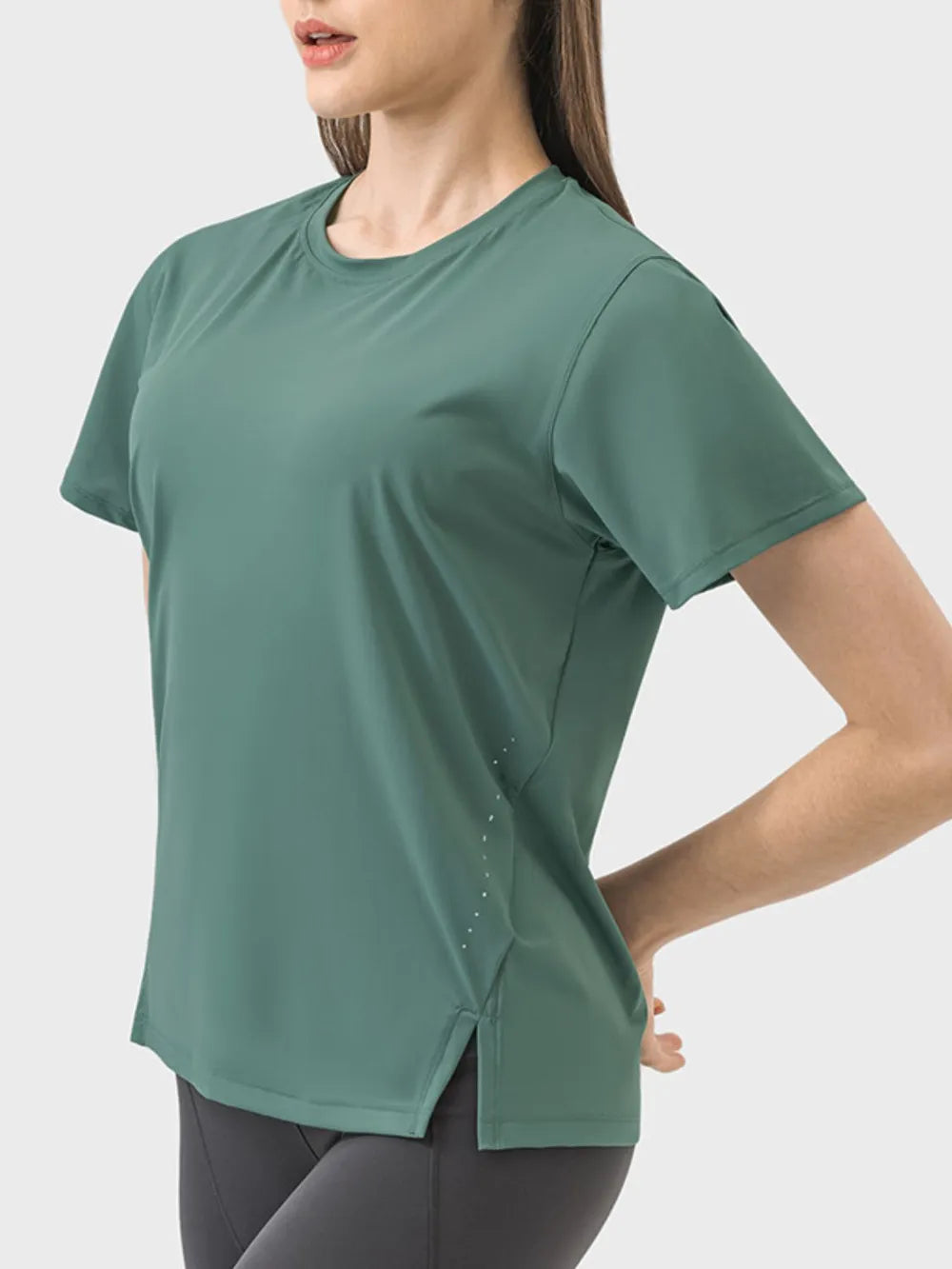 Millennia Slit Round Neck Short Sleeve Active T-Shirt - cas7m