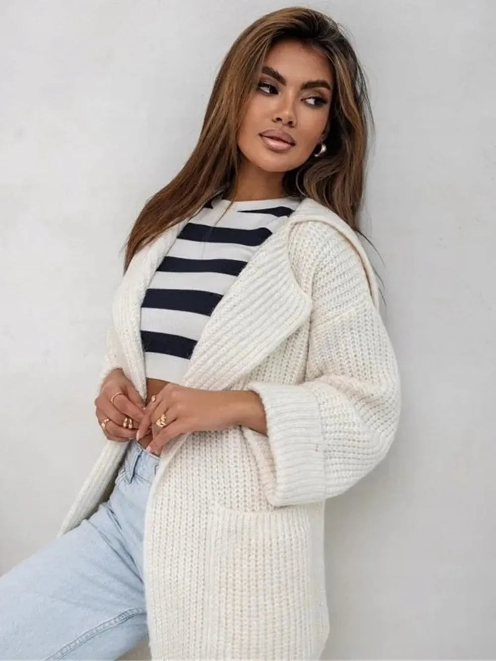 Pocketed Collared Neck Dropped Shoulder Cardigan - cas7m