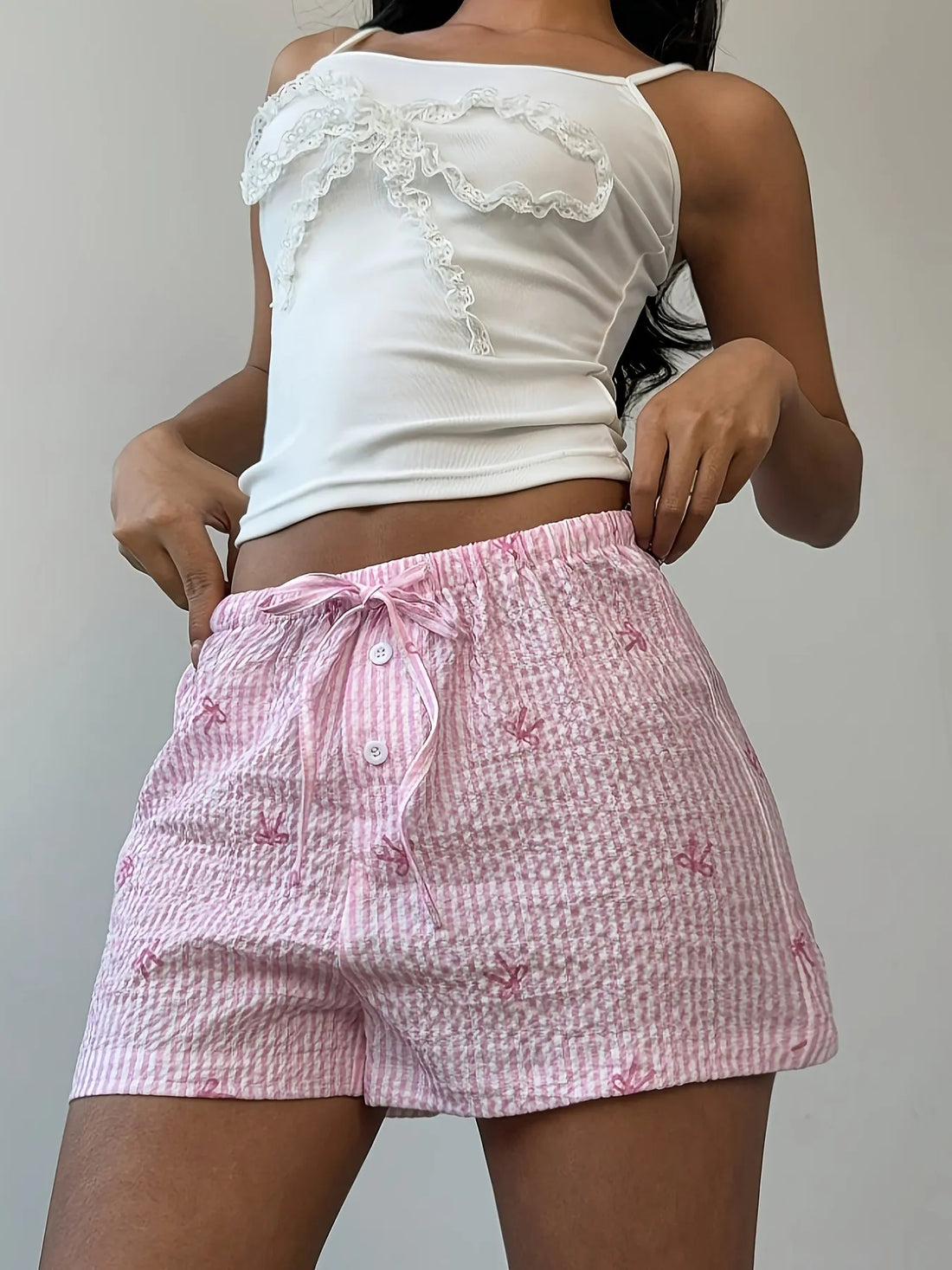 Bow Striped Drawstring Casual Shorts - cas7m