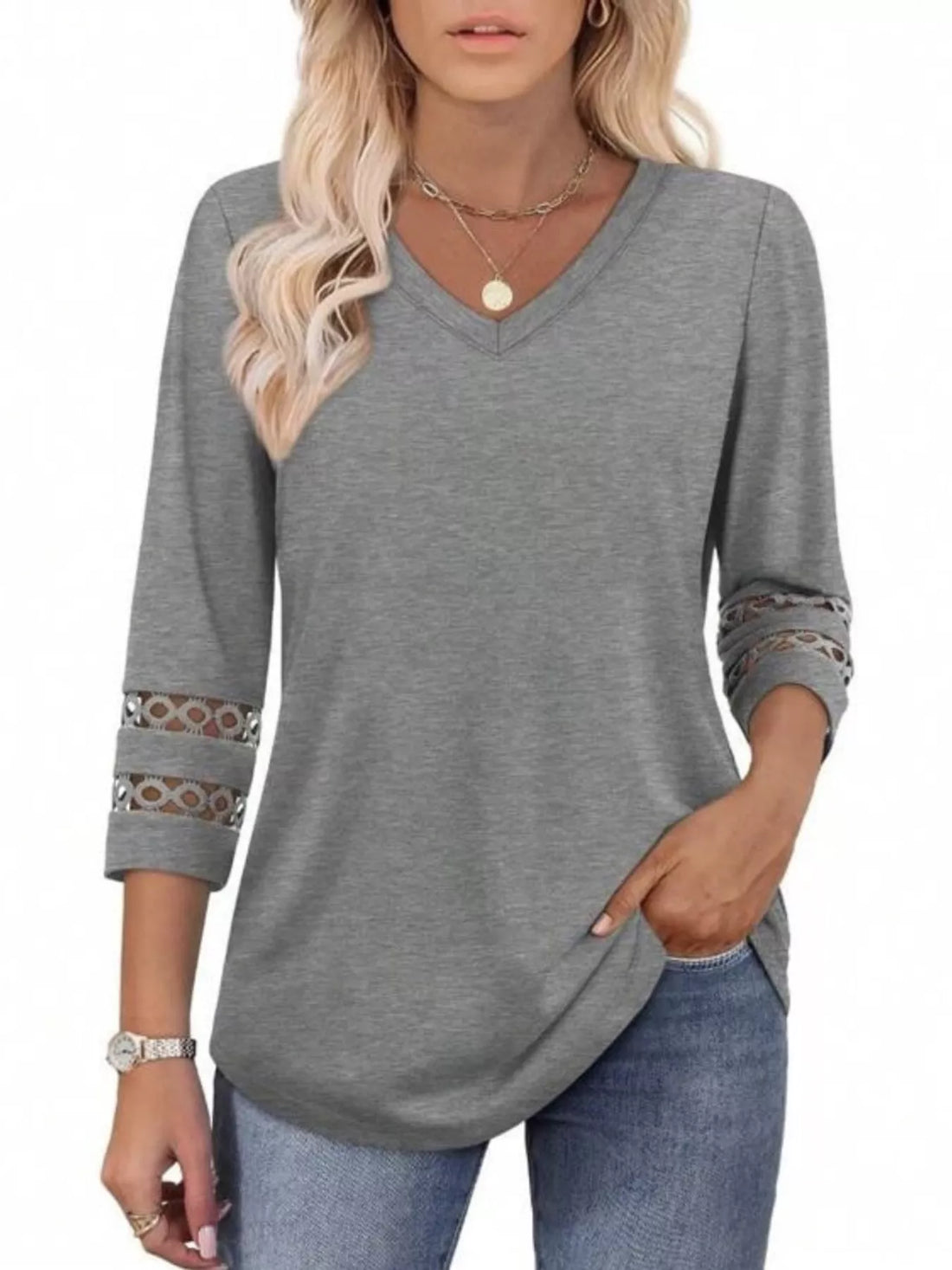 Full Size V-Neck 3/4 Sleeve T-Shirt Plus Size - cas7m