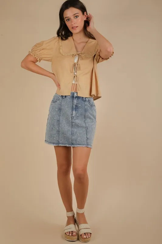 VERY J Bow Printed Casual Denim Mini Skirt - cas7m