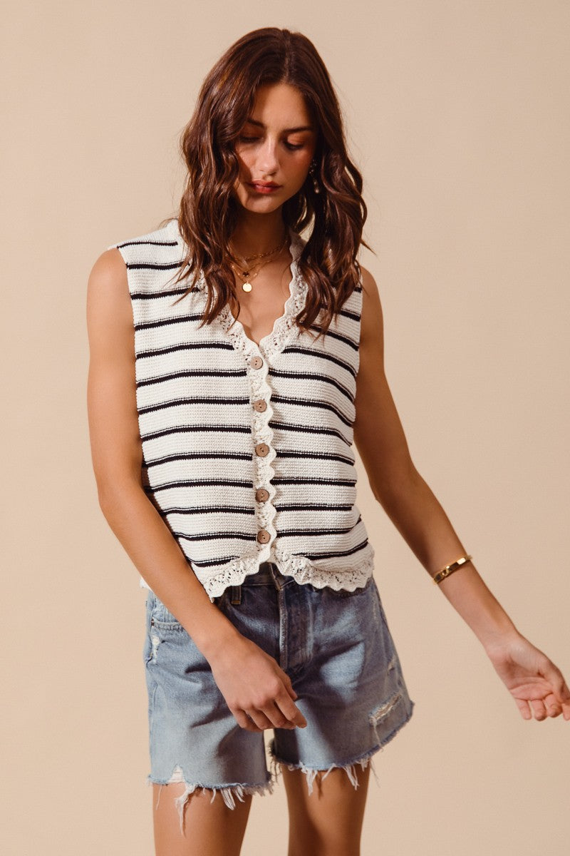 SO ME Buttoned Front Stripe Texture Knitted Sweater Vest - cas7m