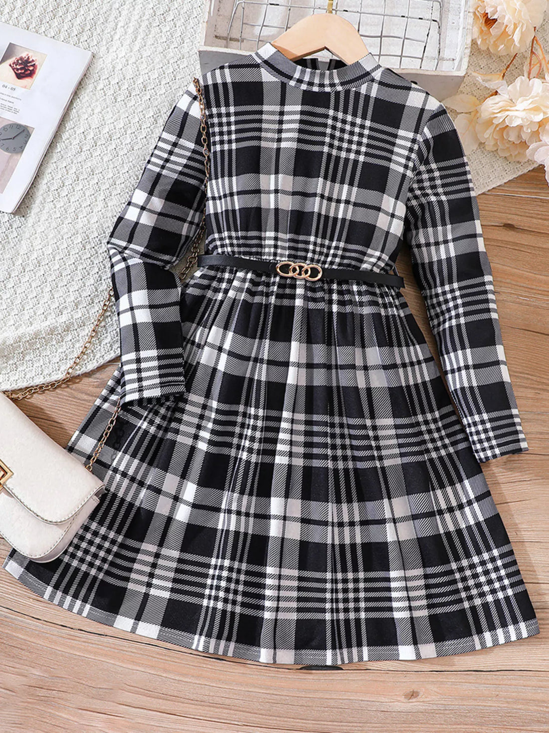 Children's Plaid Print Long Sleeve Dress - cas7m