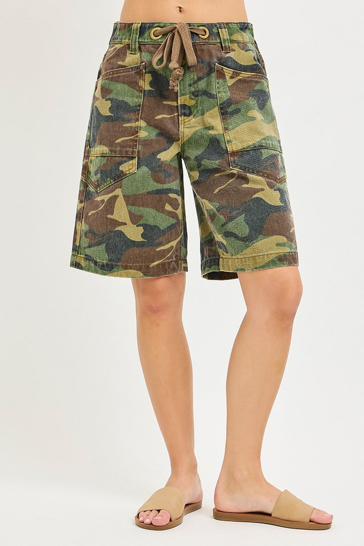 RISEN Camo Print Slouchy Jorts with Eyelet Drawstring - cas7m