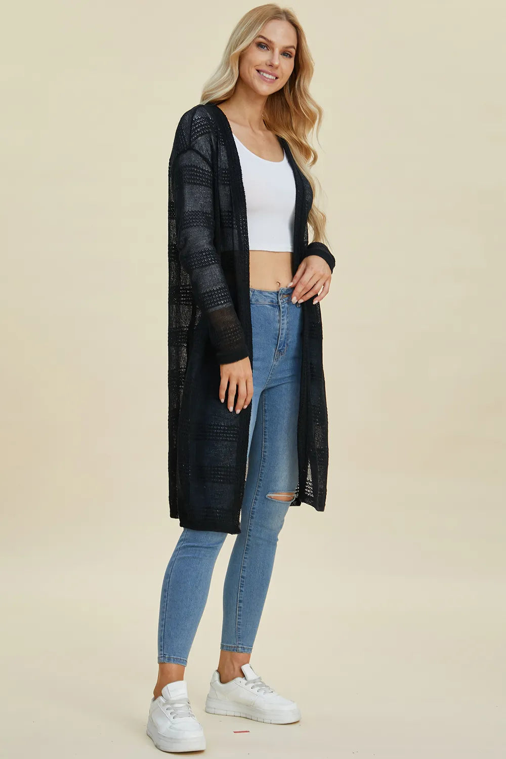 Double Take Full Size Open Front Longline Cardigan - cas7m