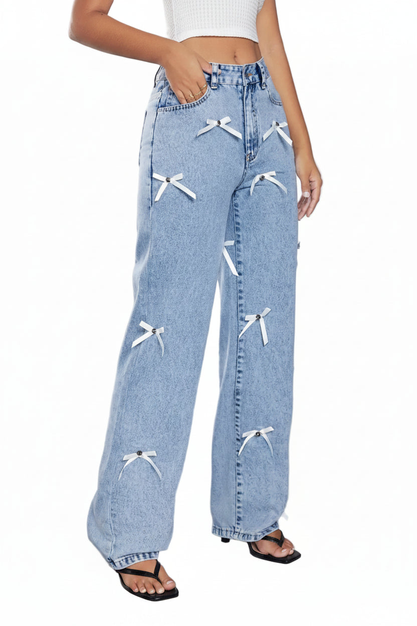 Bow Decor High Waist Wide Leg Jeans - cas7m
