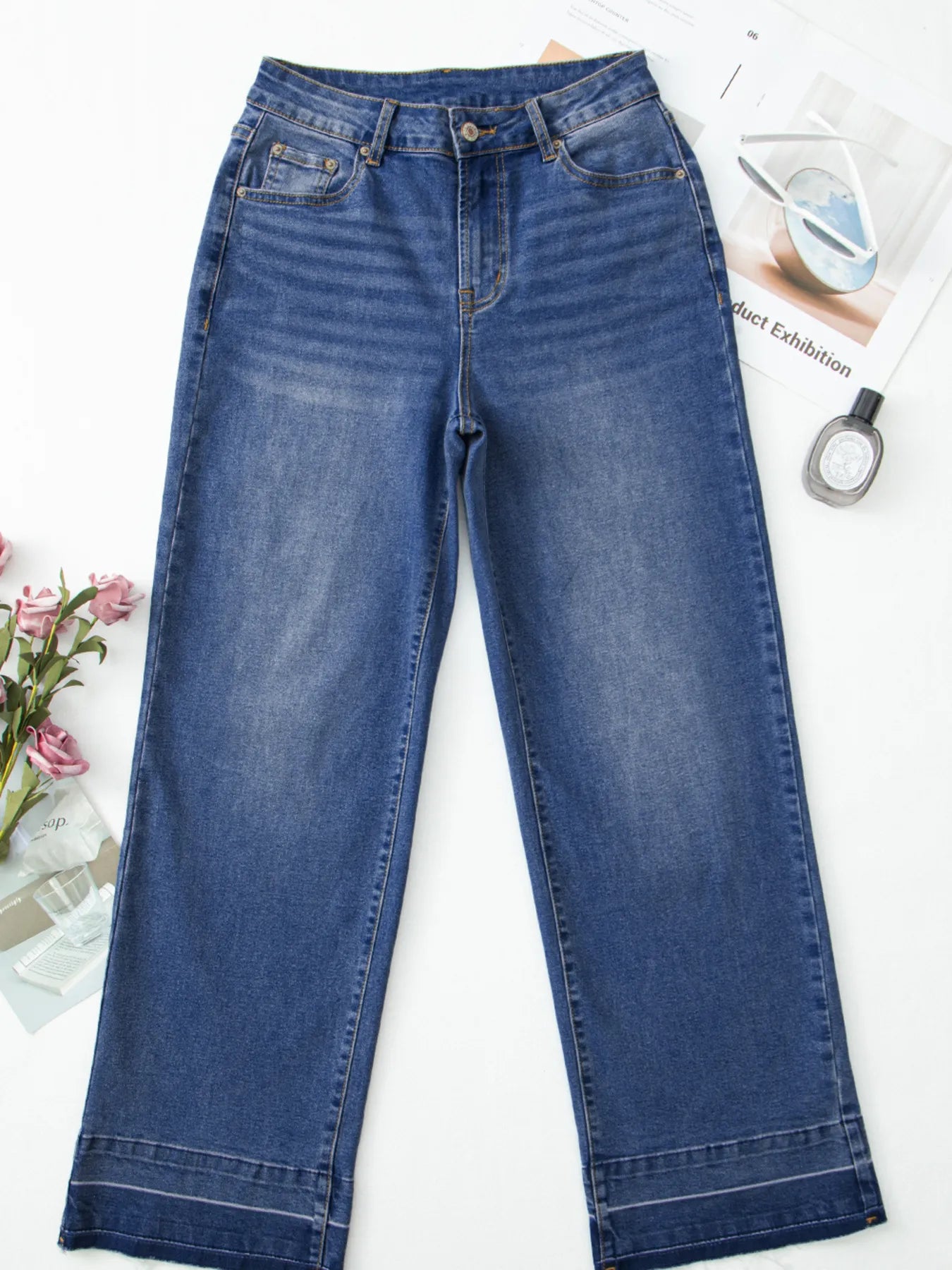 Raw Hem Unique Cuffs Straight High Rise Loose Jeans - cas7m