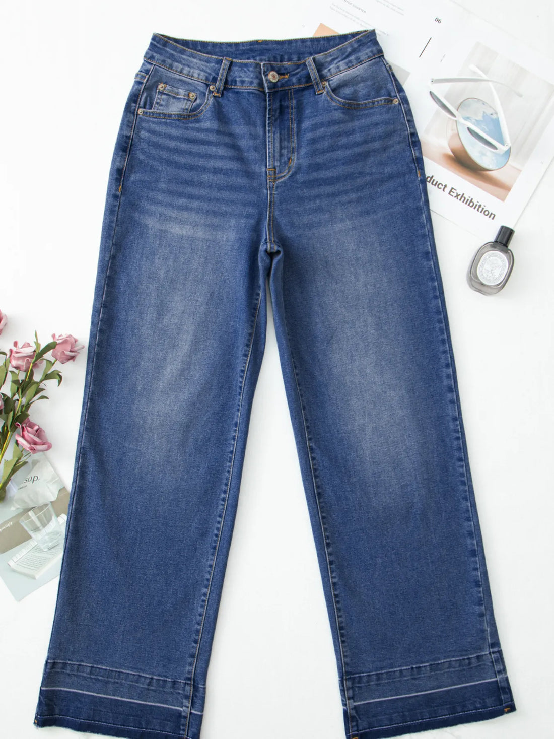 Raw Hem Unique Cuffs Straight High Rise Loose Jeans - cas7m