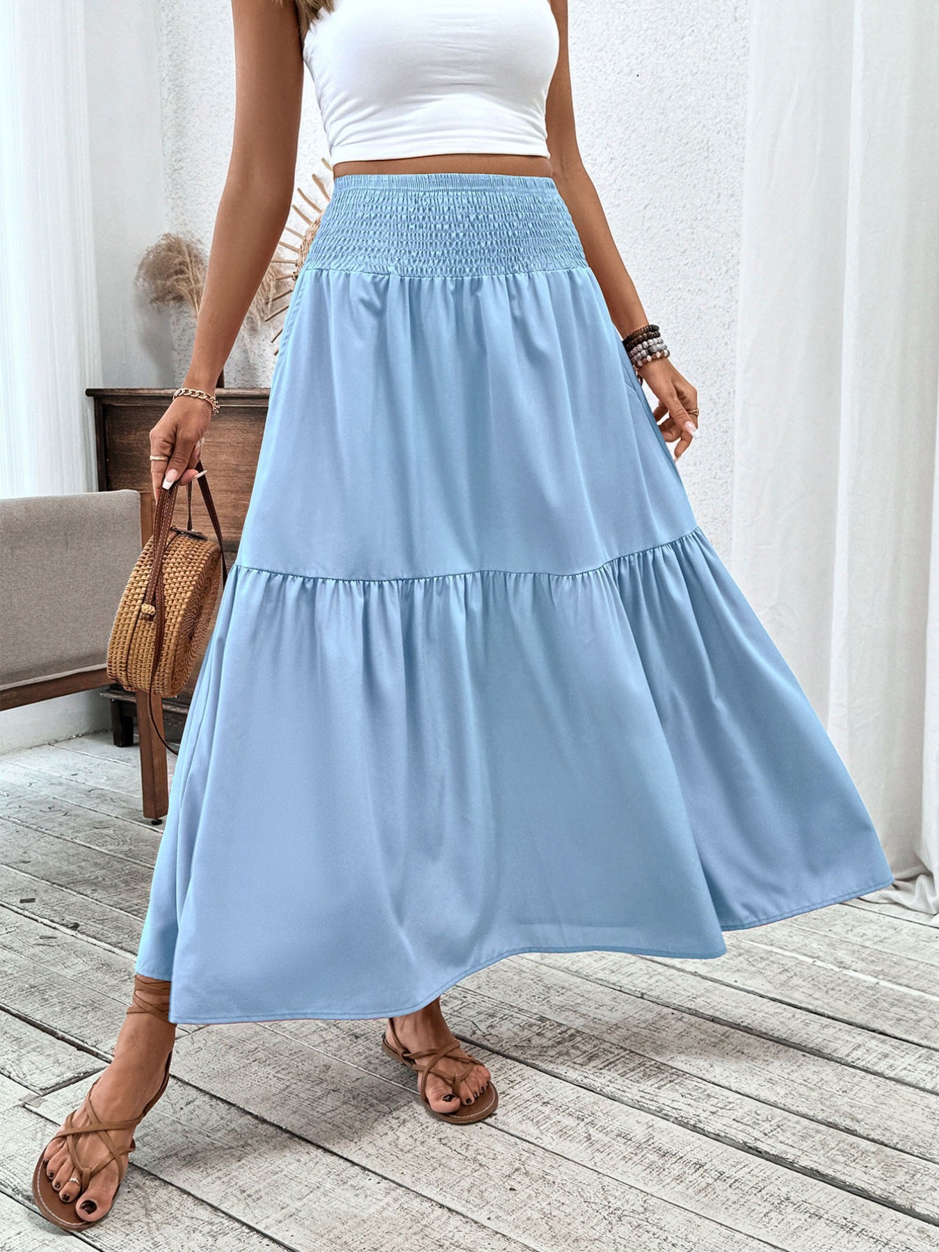 Smocked Waist Tiered Skirt - cas7m