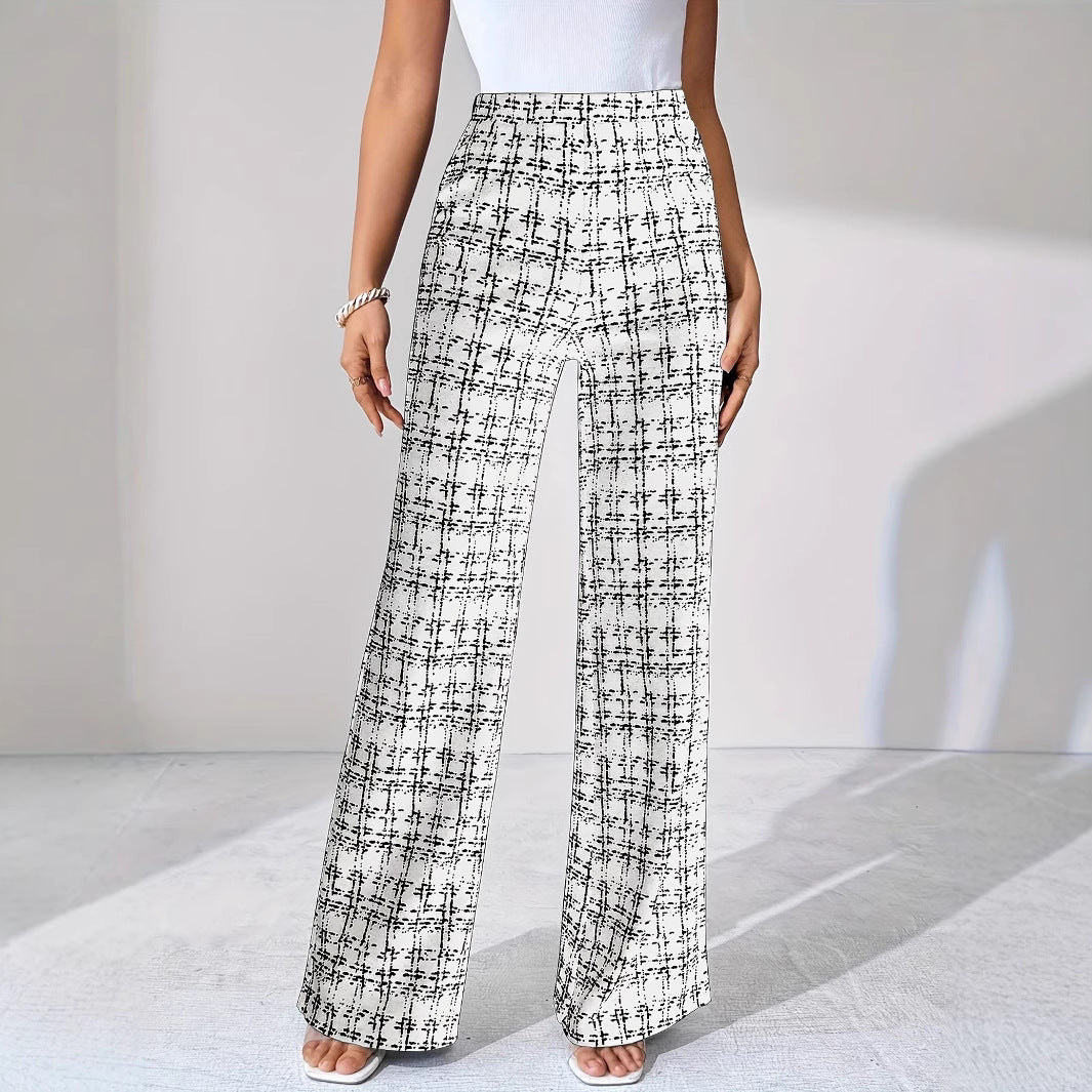 Woven Plaid High Waist Straight Women's Pants - cas7m