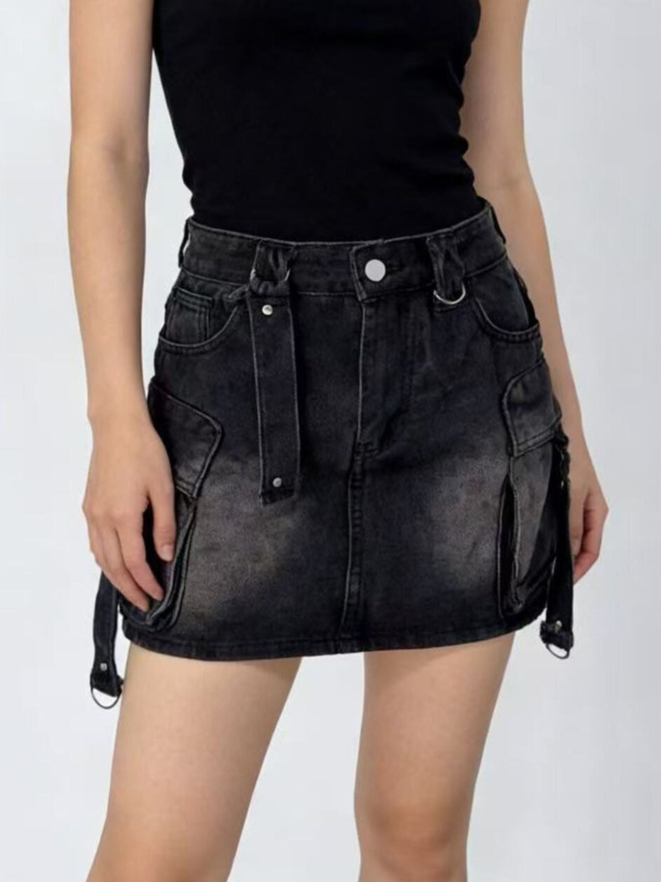 Washed Cargo Denim Skirt - cas7m