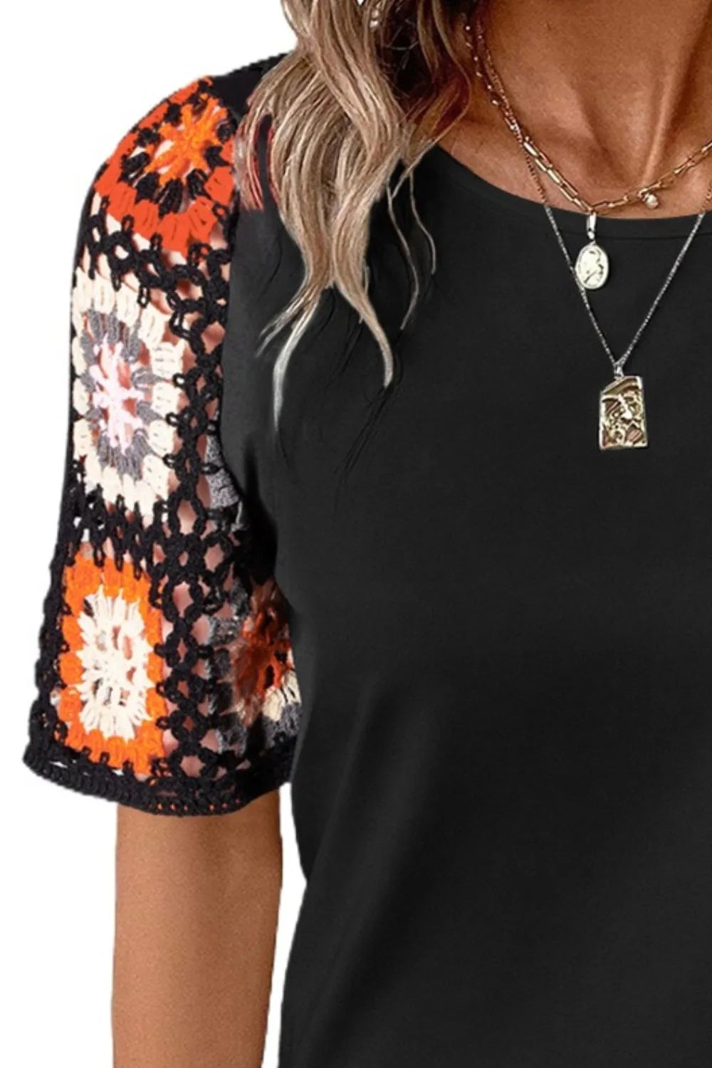 Geometric Round Neck Short Sleeve Blouse - cas7m