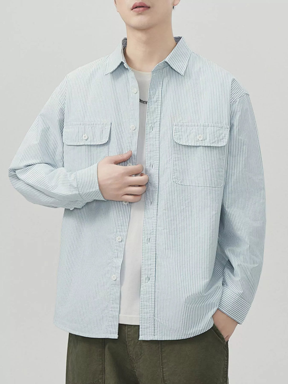 Men's Plus Size Striped Button Up Long Sleeve Shirt - cas7m