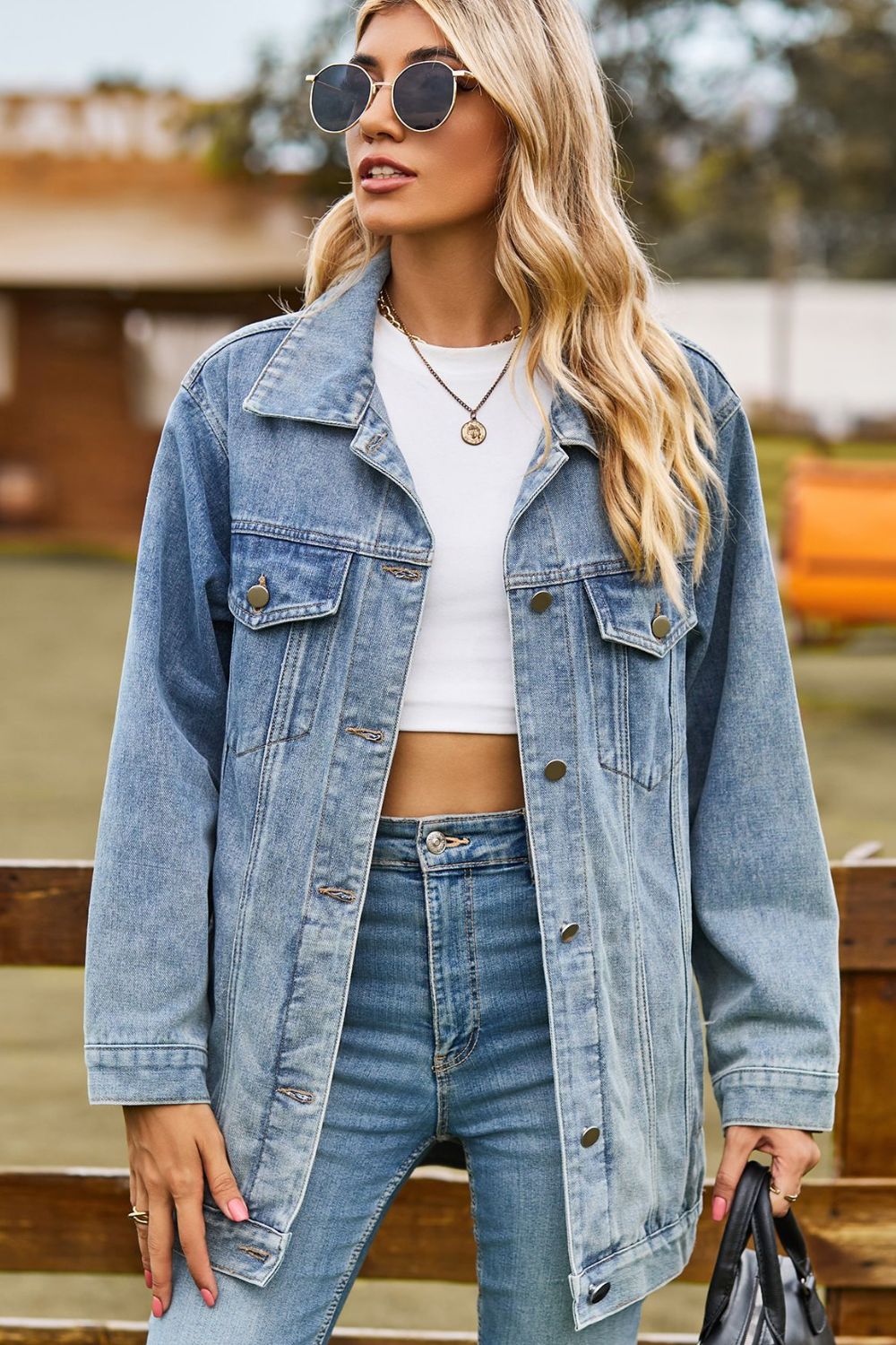 Buttoned Collared Neck Denim Jacket with Pockets - cas7m