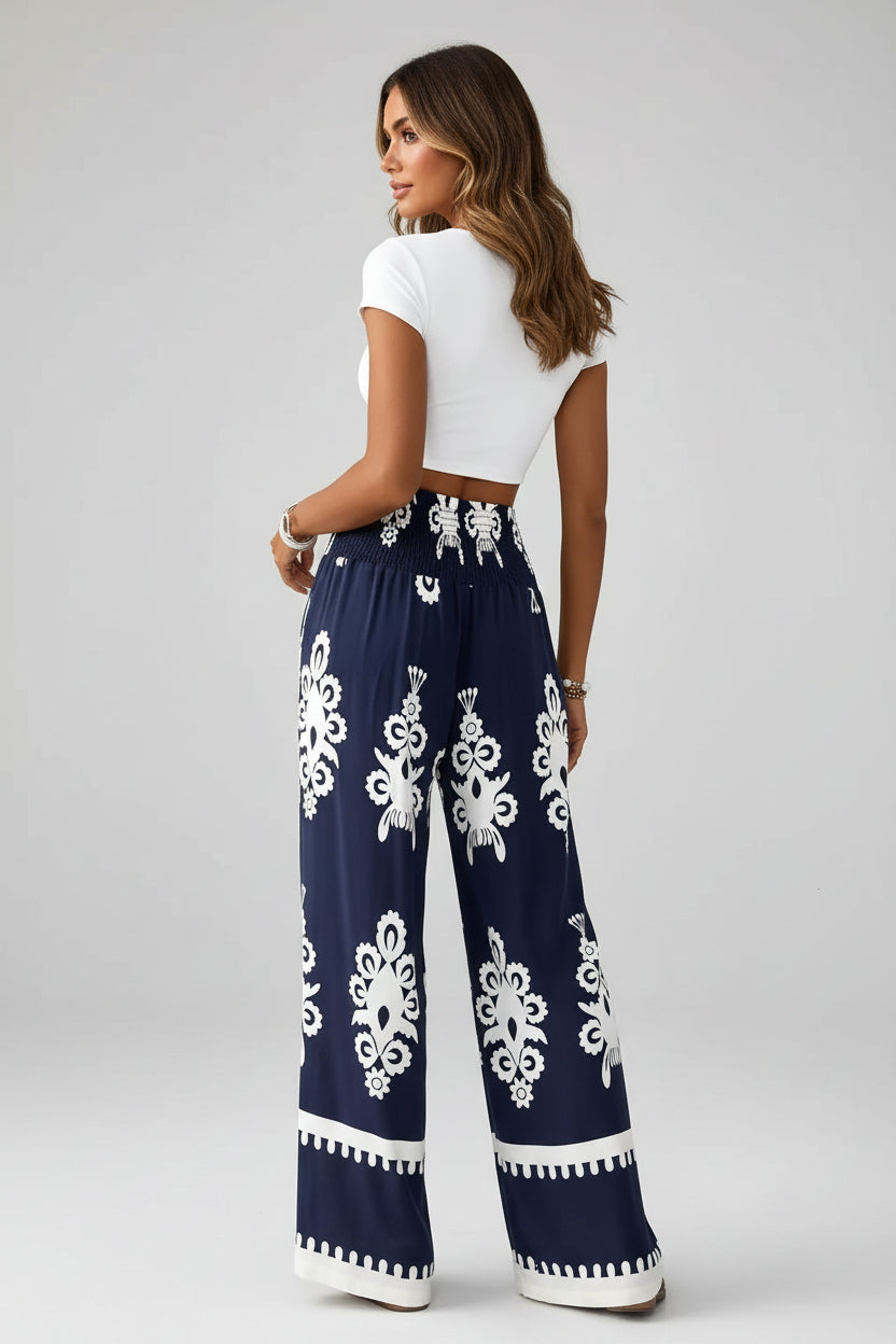 Women's 3D Pattern Lace-up Casual High Waist Print Wide-leg Pants - cas7m
