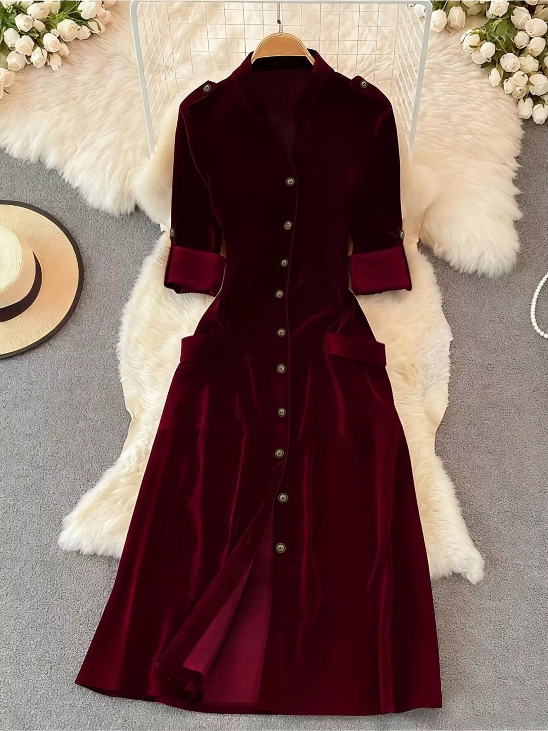 Velvet Button-Down Midi Dress - cas7m