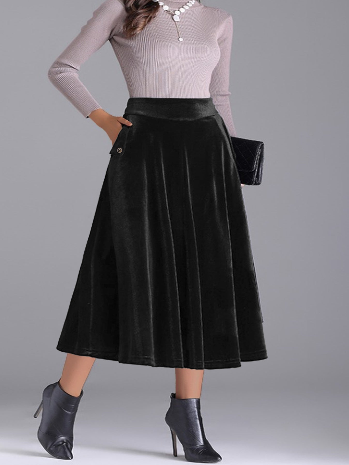 Plus Size Elegant Velvet A-Line Midi Skirt - cas7m