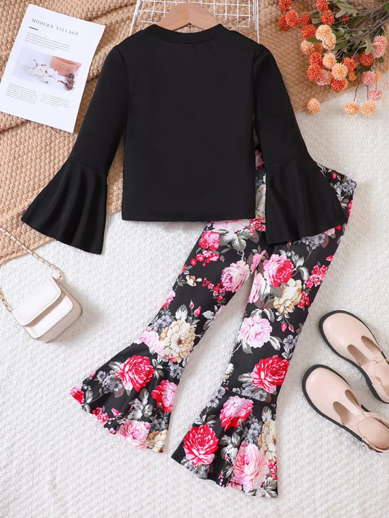 Children's Solid Top & Floral Flare Pants Set - cas7m