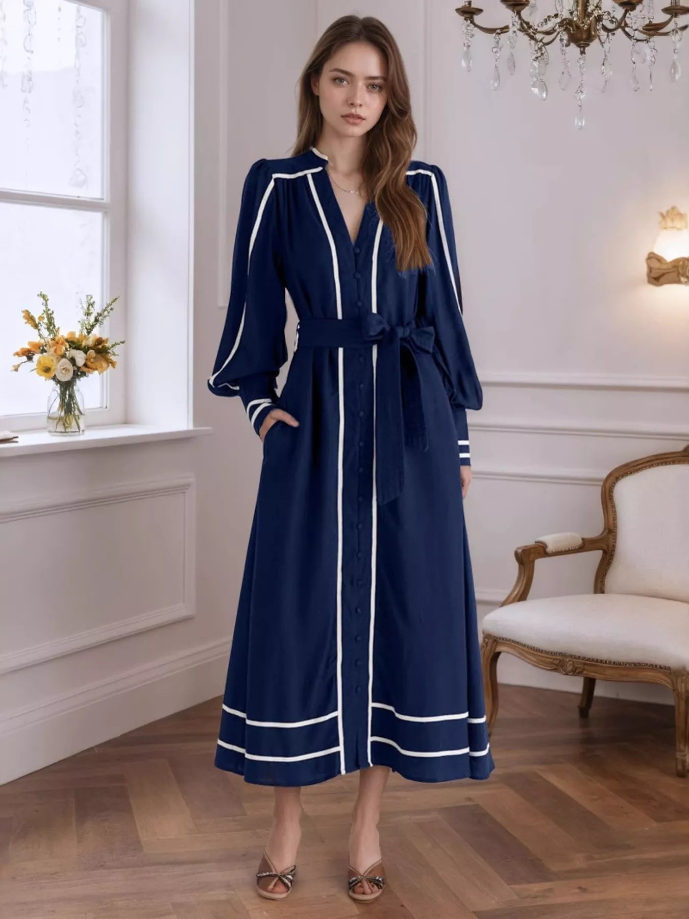 Notched Lantern Sleeve Dress - cas7m