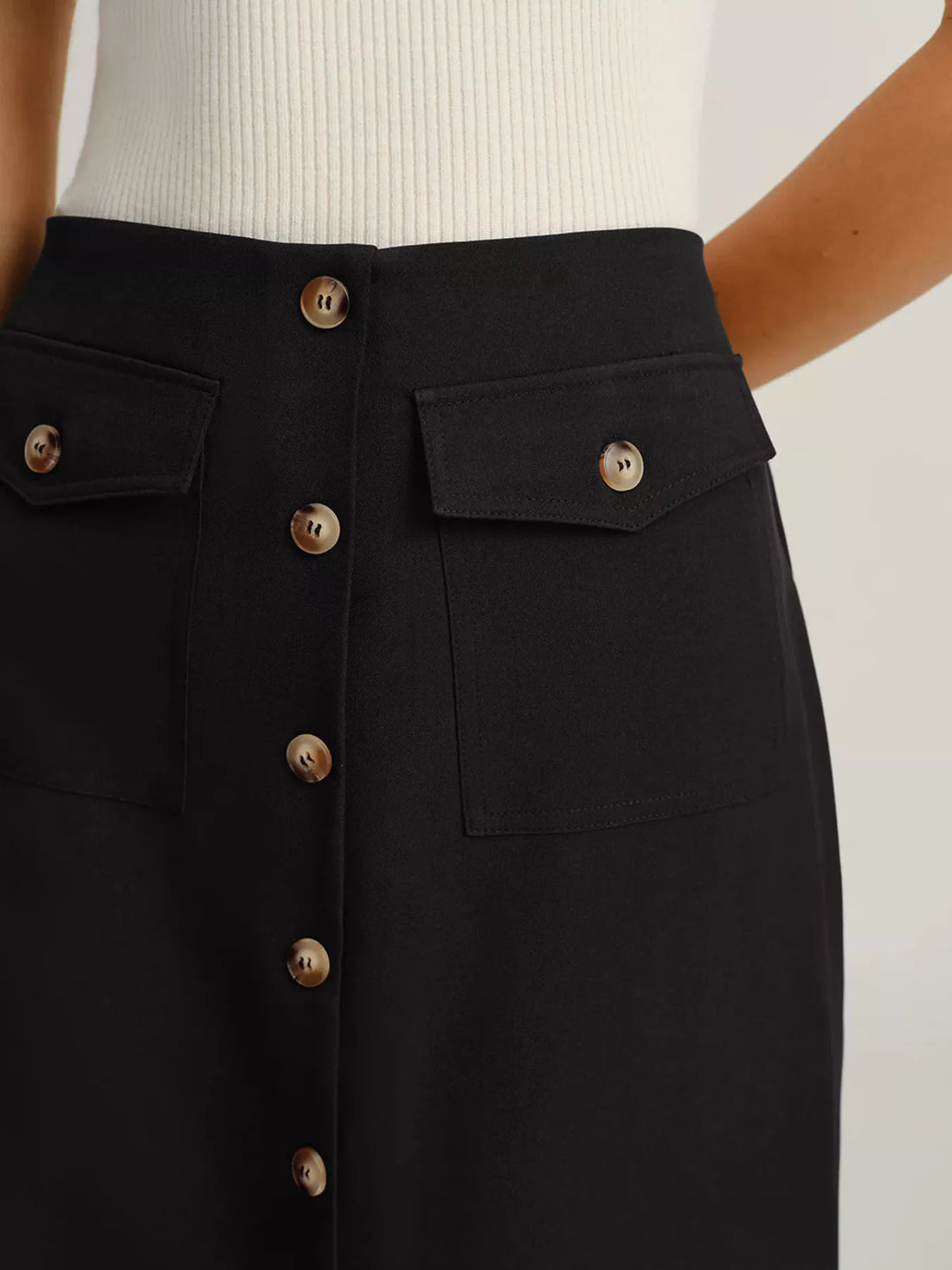 Button-Front Pocketed Midi Skirt - cas7m