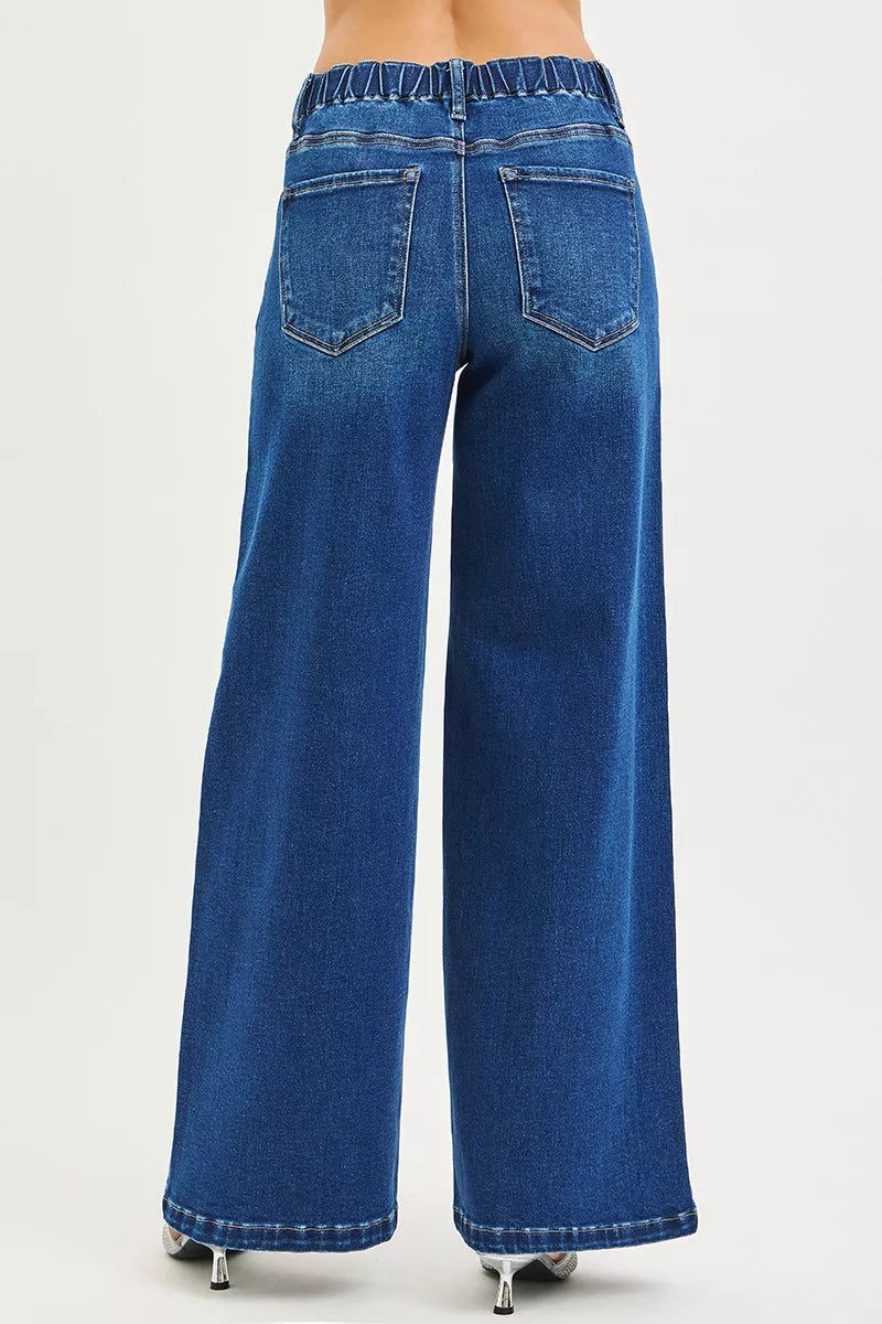 RISEN Full Size Mid Rise Wide Side Pintuck Jeans with Front Drawstring Plus Size - cas7m