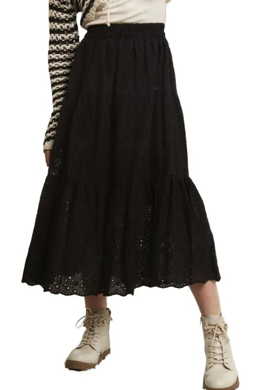 ADORA Elastic Waistband Tiered Midi Skirt - cas7m