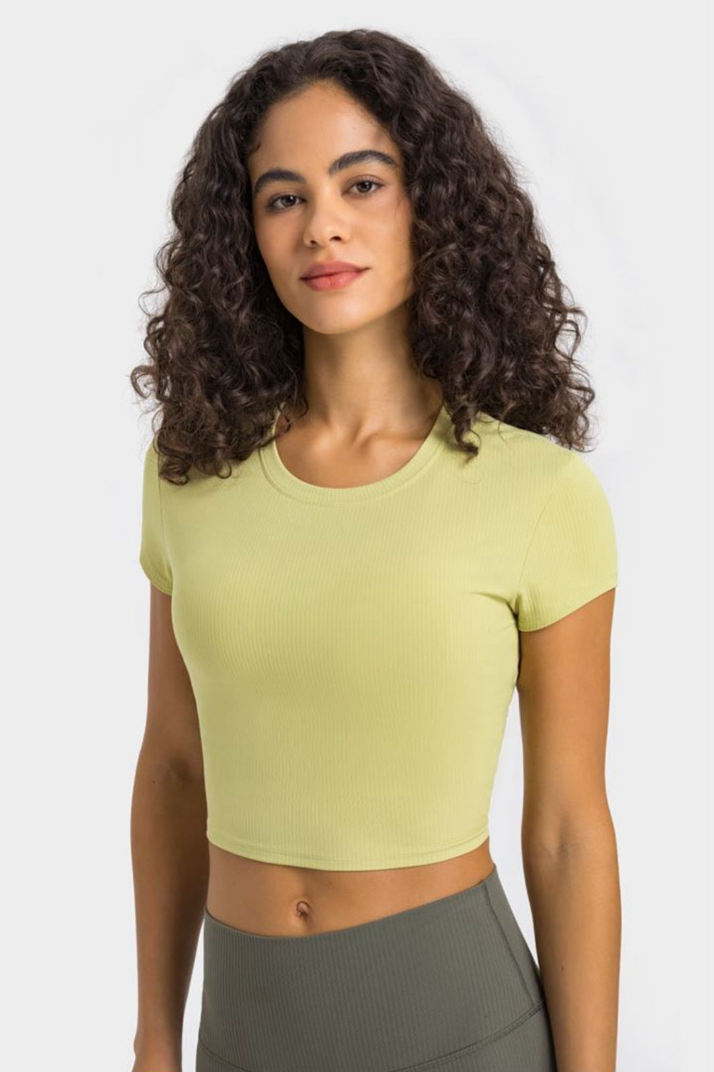 Soft Flex Cropped Yoga Top - Stretchy Solid Short Sleeve - cas7m