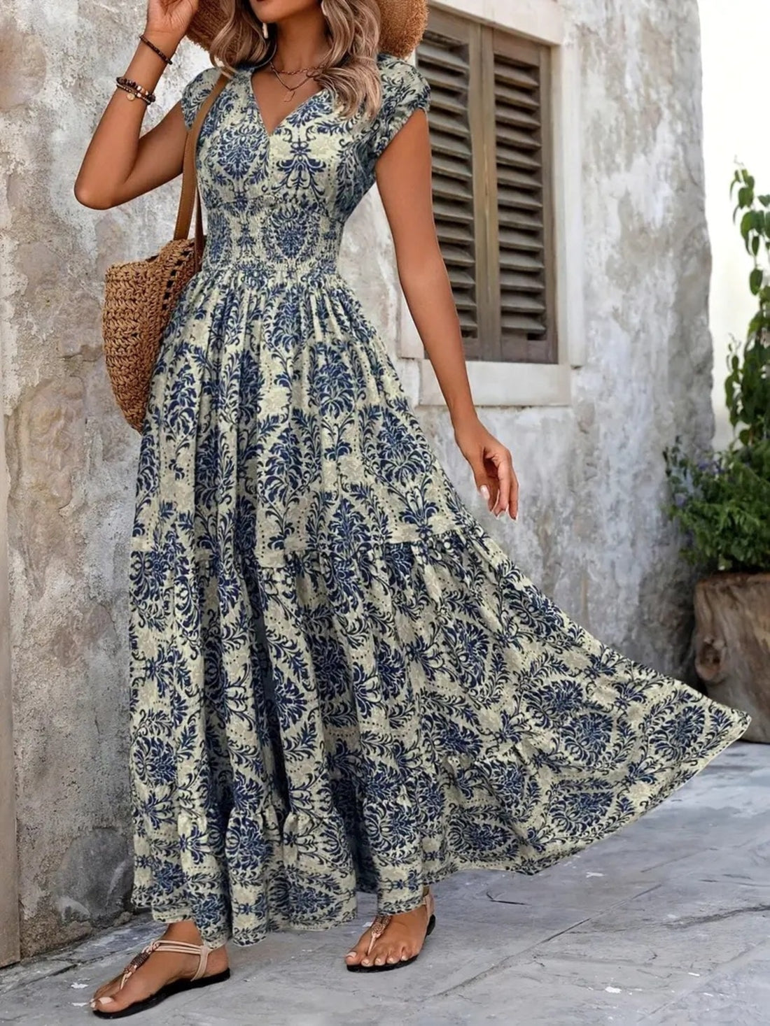 Smocked Tiered Maxi Dress - Chic Polyester Statement - cas7m