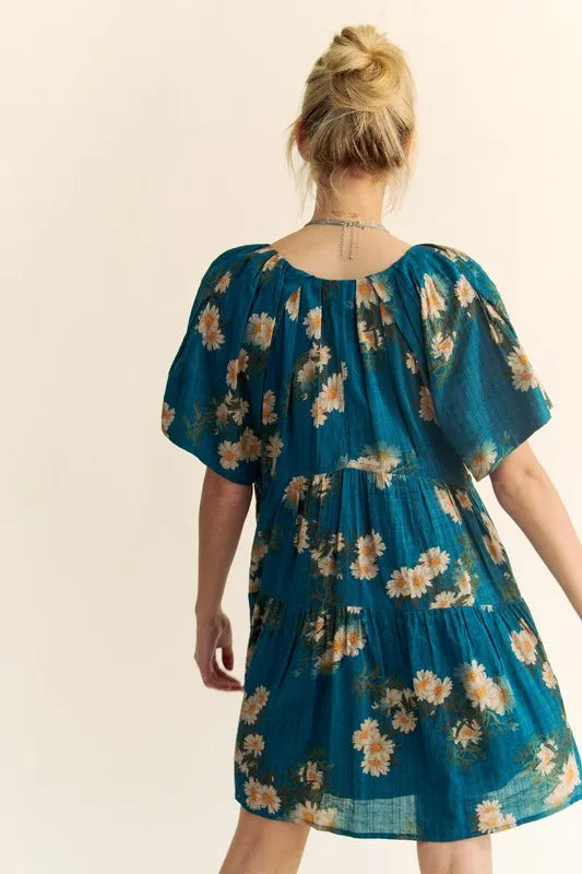 Davi & Dani Floral Print Short Bell Sleeve Pleated Mini Dress - cas7m