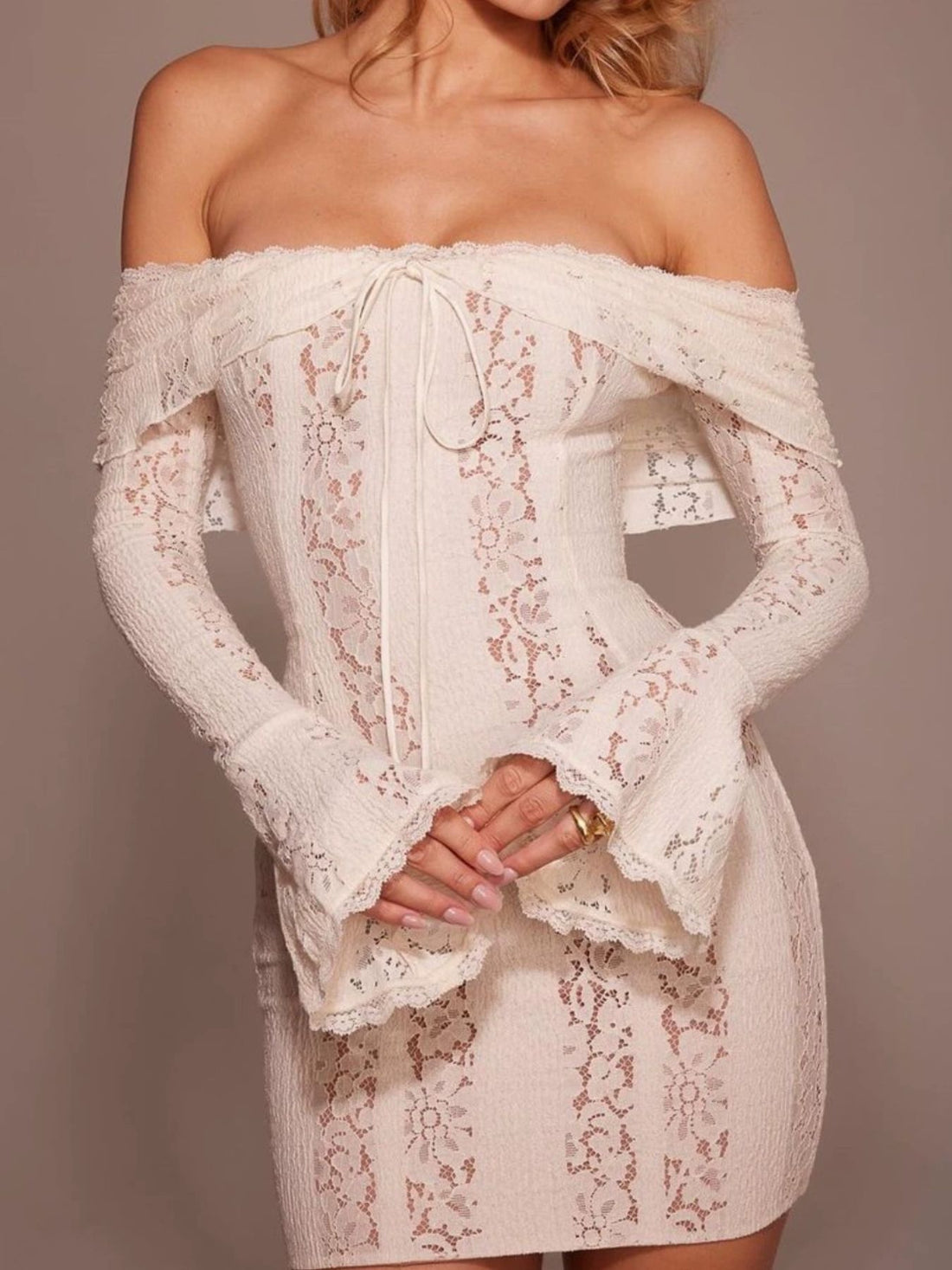 Off-Shoulder Lace Mini Dress - cas7m