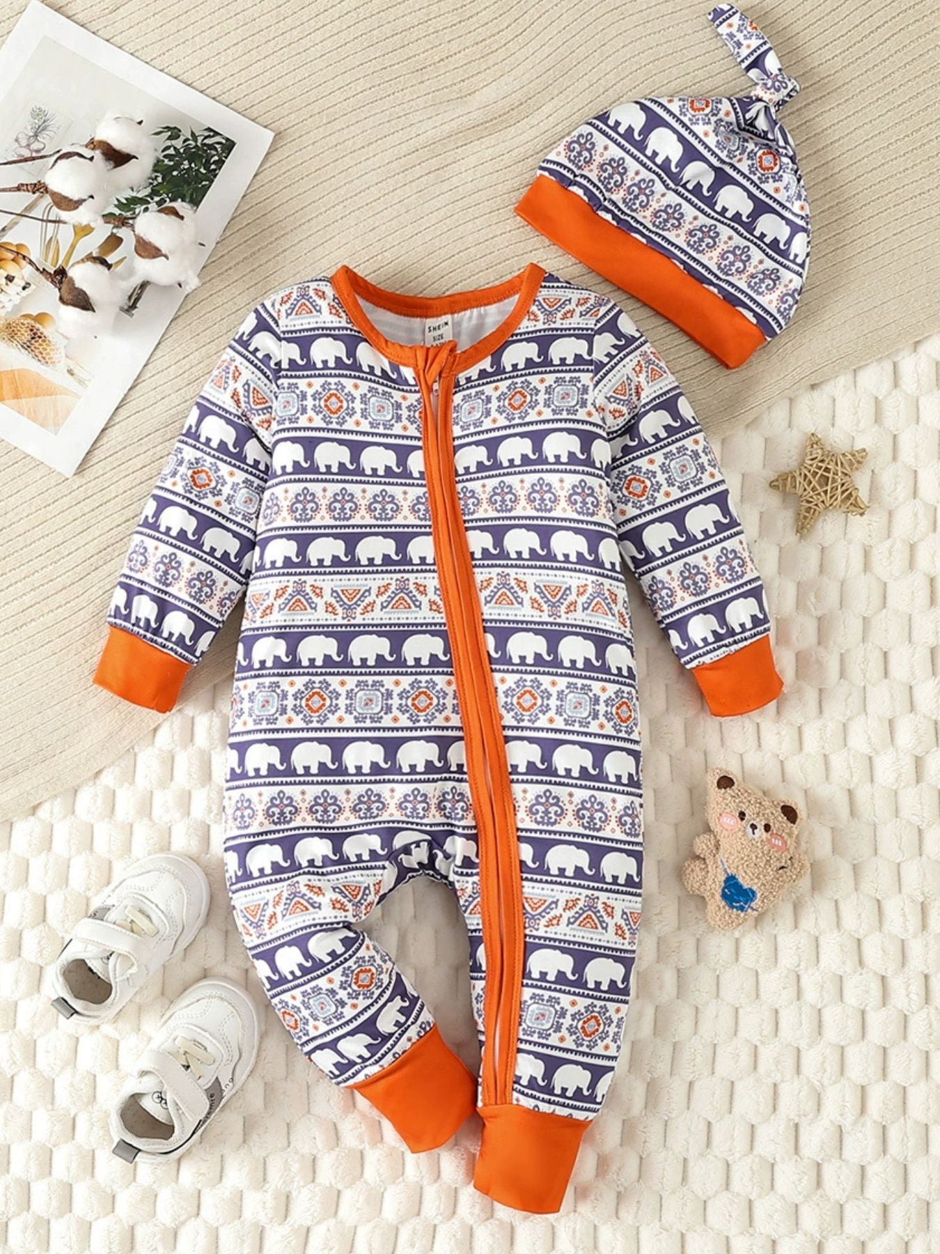 Children's Elephant Print Jumpsuit & Hat Set - cas7m