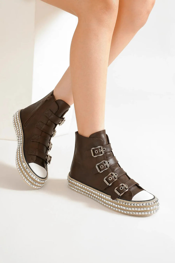 Beast Fashion Multi-Buckle Straps Studded Platform Sneakers - cas7m