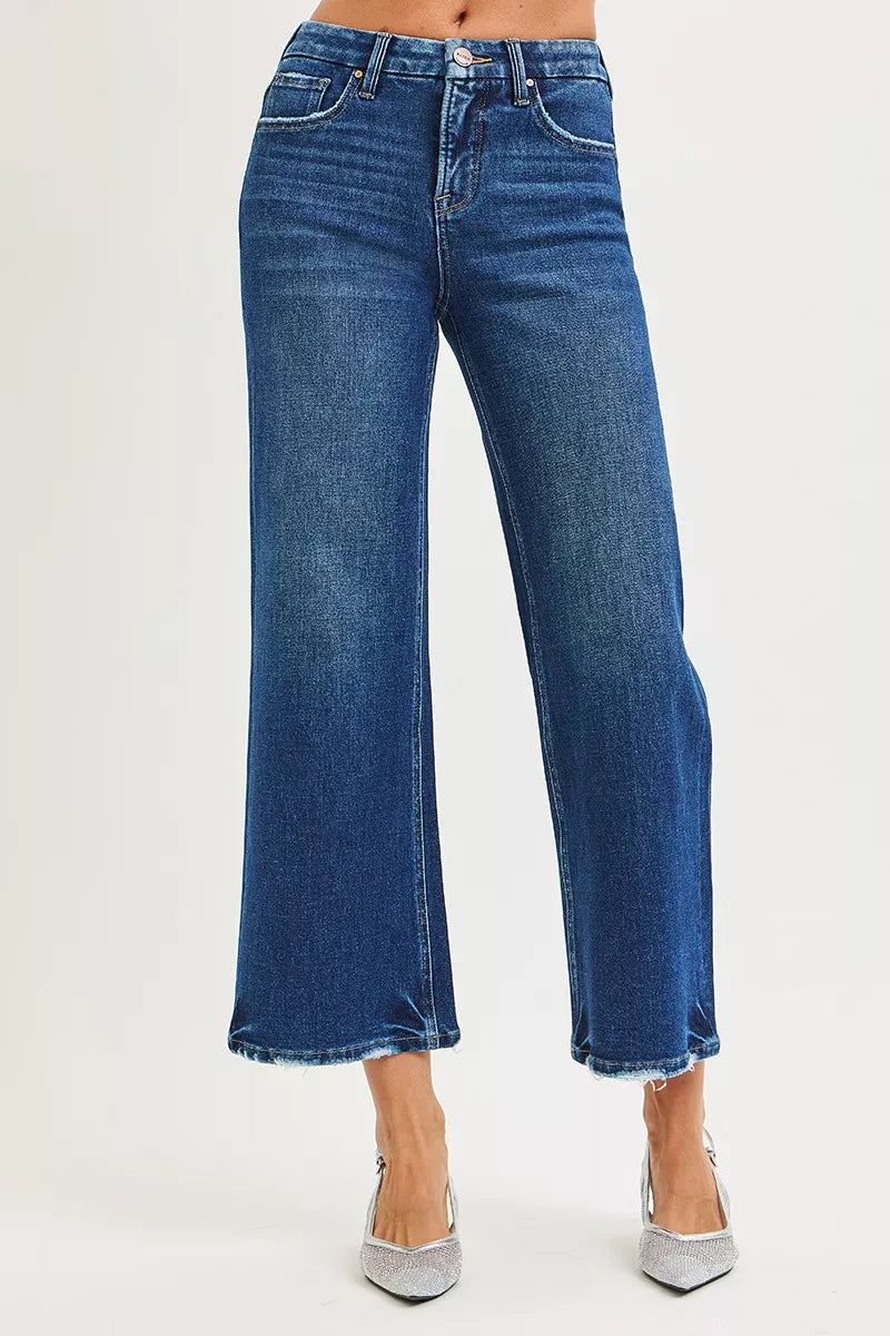 RISEN Tummy Control 4 Way Stretch High Rise Crop Wide Leg Jeans - cas7m