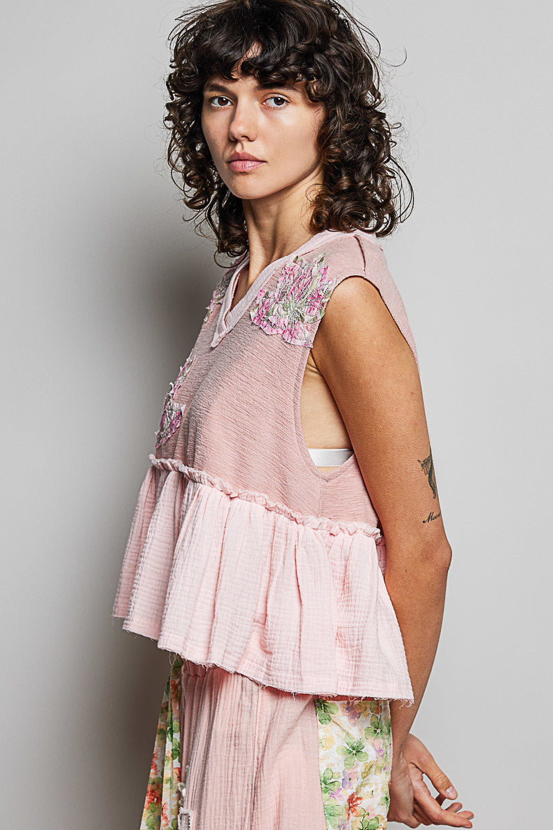 POL Floral Patch Ruffled Sleeveless Top with Raw Edge Detail - cas7m