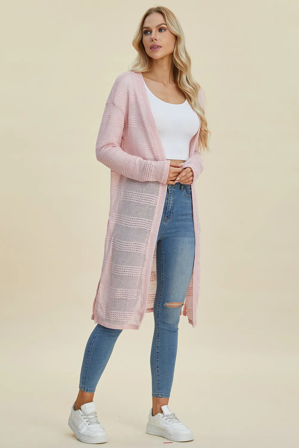 Double Take Full Size Open Front Longline Cardigan - cas7m
