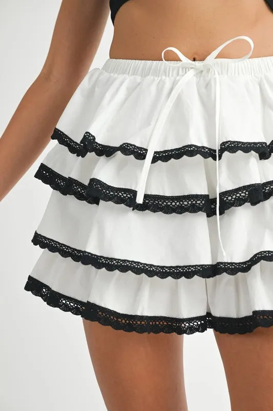 MABLE Poplin Ruffle Layered Contract Lace Trim Mini Skirt - cas7m