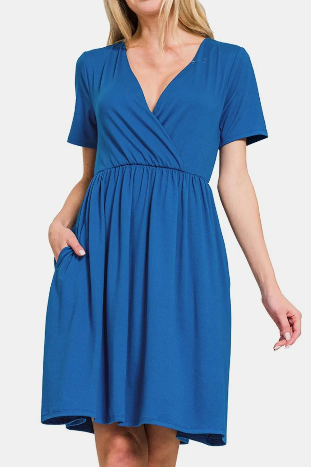Zenana Surplice Short Sleeve Brushed DTY Dress - cas7m