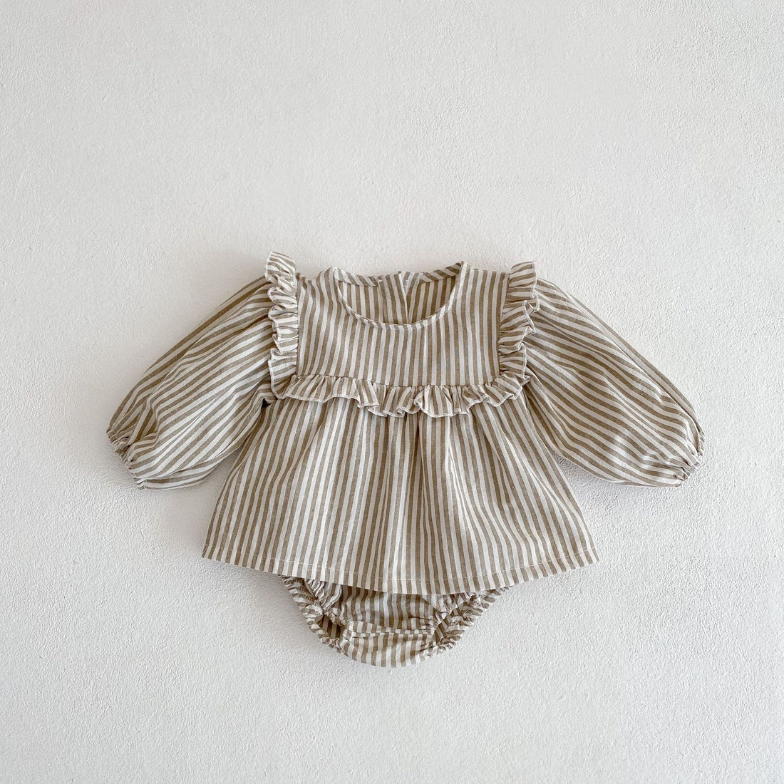 Cotton Baby Ruffle Collar Striped Long Sleeved Skirt Bread Pants Set - cas7m