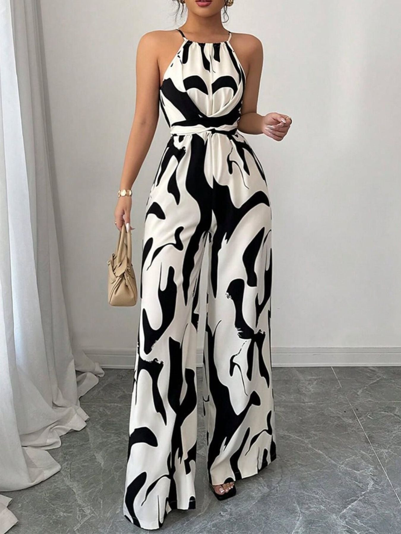 Abstract Print Wide Leg Jumpsuit - cas7m