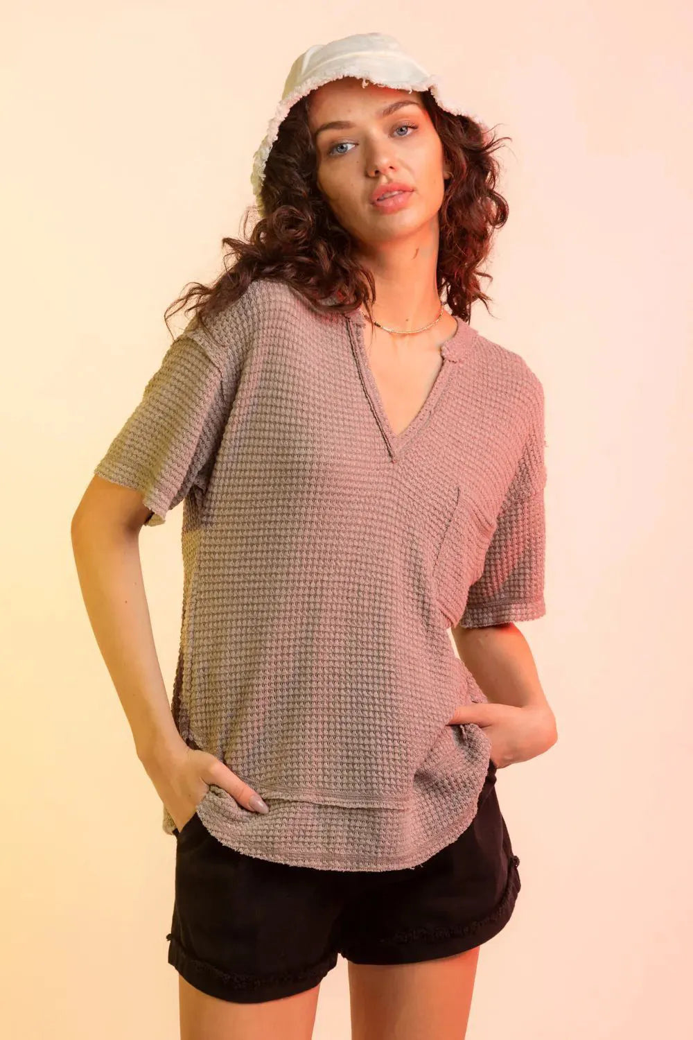 Waffle-Knit Notched Half Sleeve T-Shirt - cas7m
