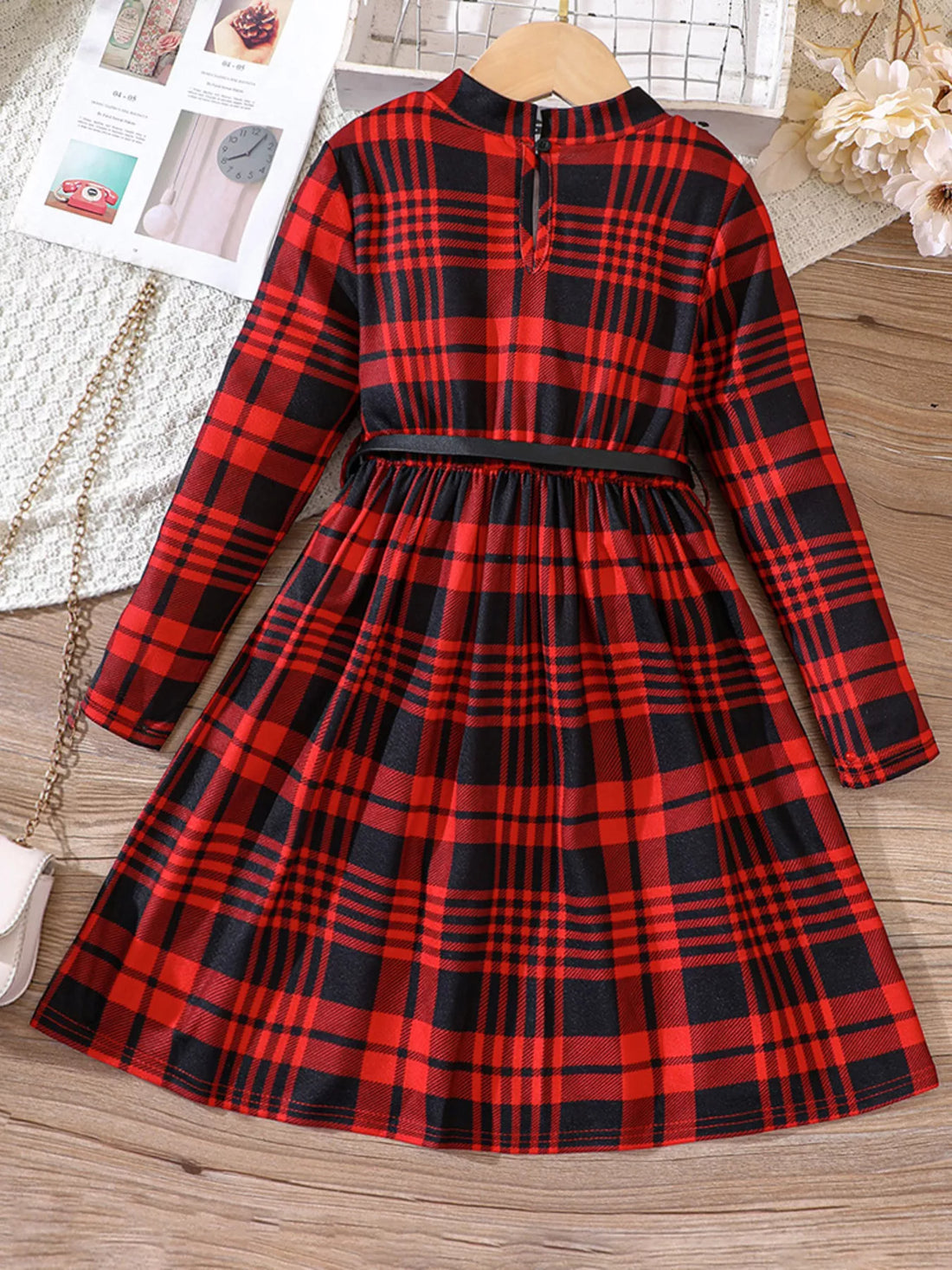 Children's Plaid Print Long Sleeve Dress - cas7m