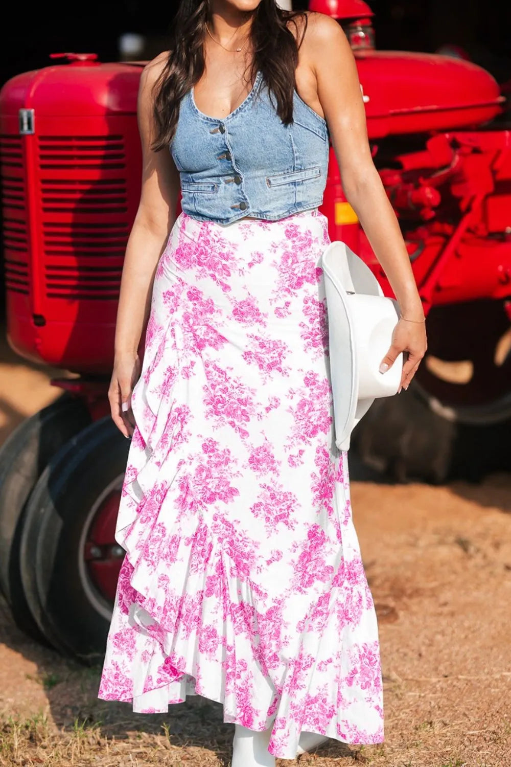 Boho Floral High Waist Ruffle Split Maxi Skirt - cas7m