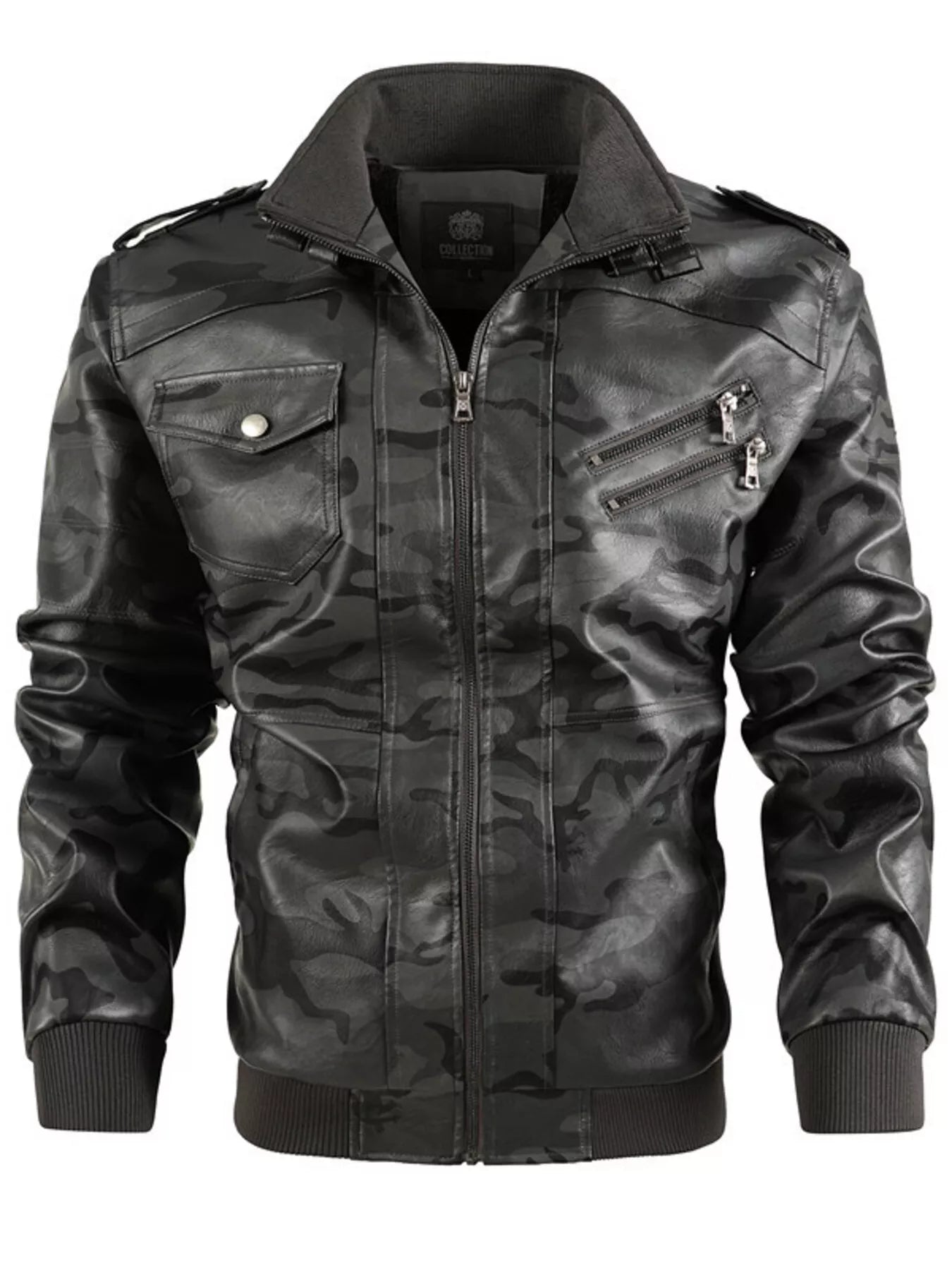 Men's Full Size Zip Up Camouflage Faux Leather Jacket Plus Size - cas7m