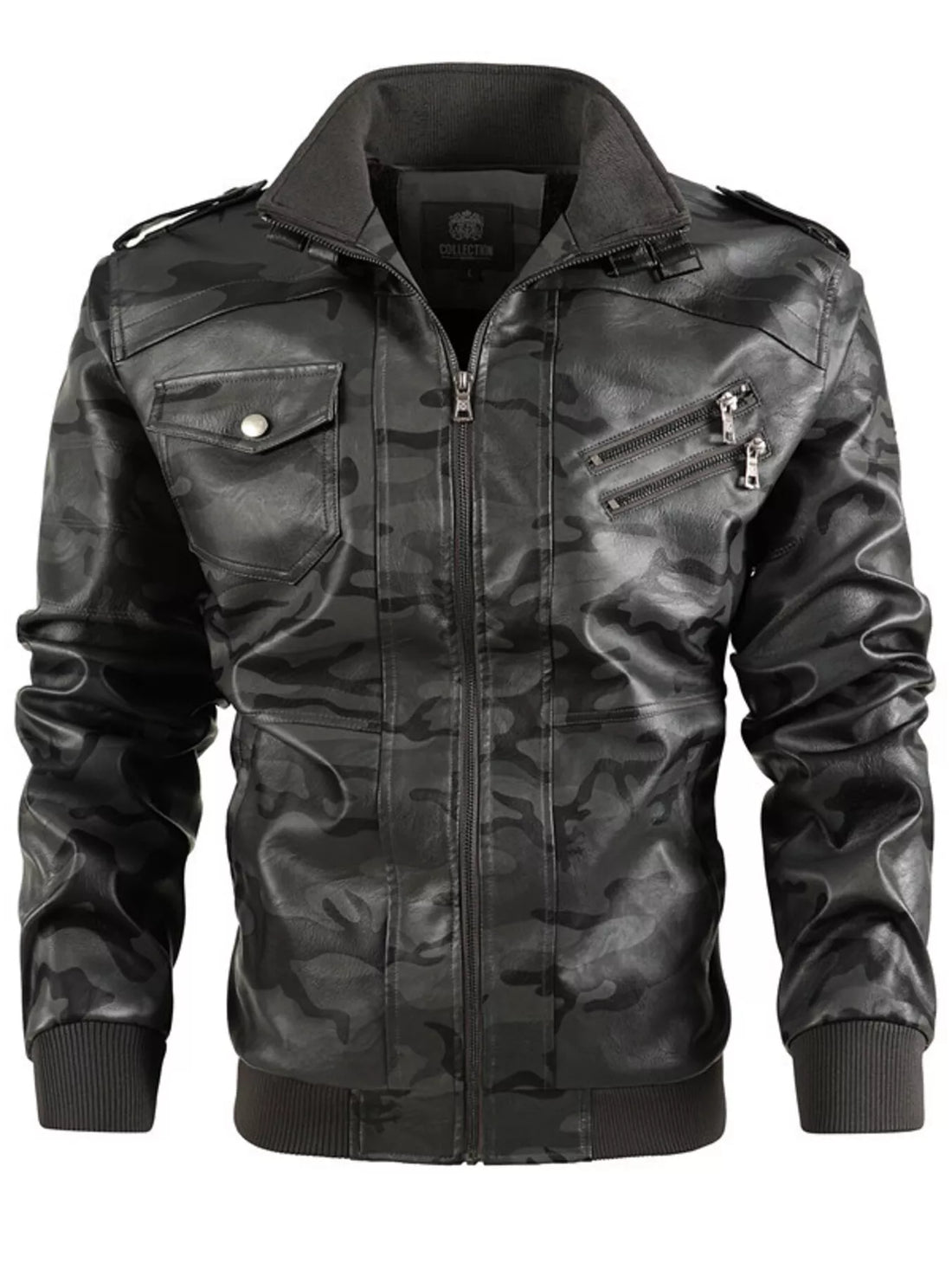 Men's Full Size Zip Up Camouflage Faux Leather Jacket Plus Size - cas7m