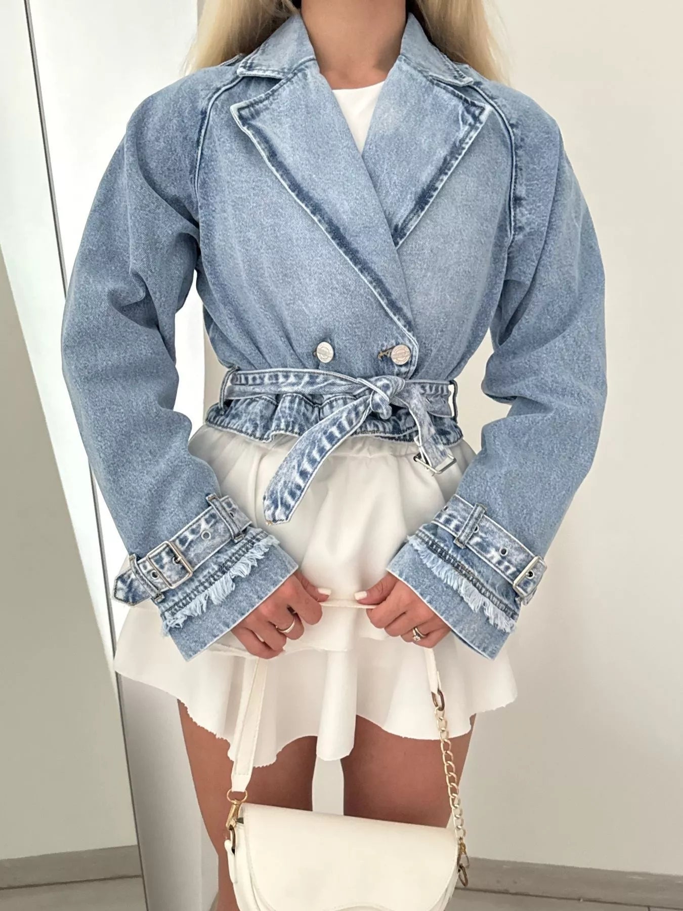 Long Sleeve Crop Denim Jacket - cas7m