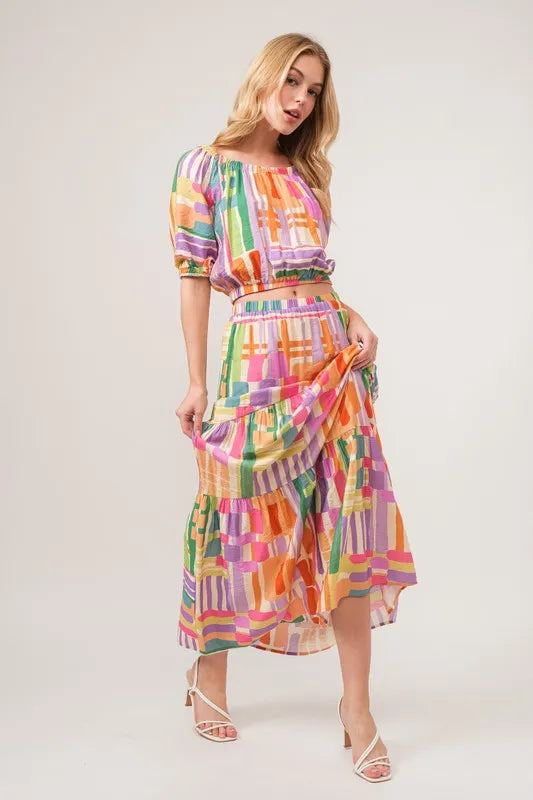 And The Why Asymmetric Geo Printed Tiered Maxi Skirt - cas7m