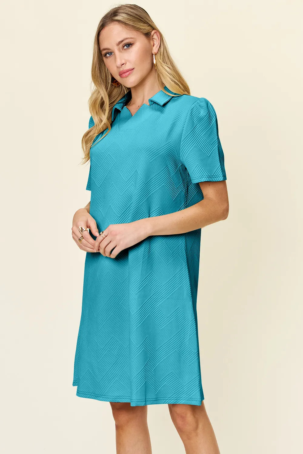 Double Take Full Size Texture Collared Neck Short Sleeve Dress - cas7m