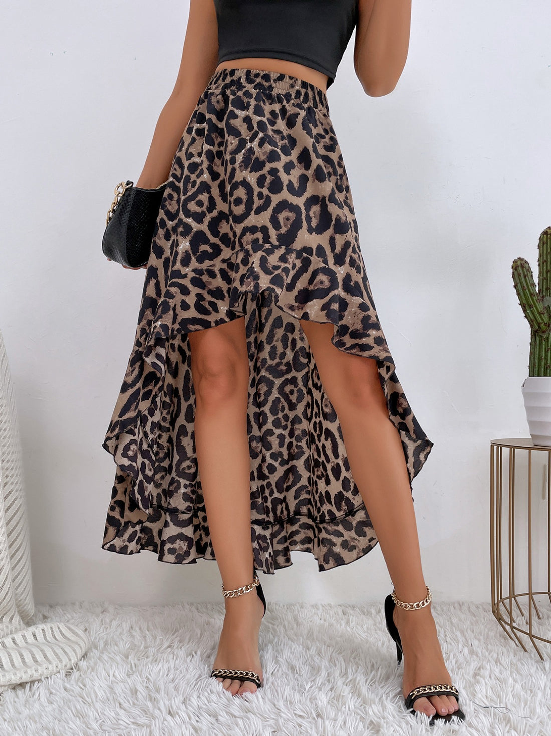 Leopard Print Ruffle Hem High-Low Skirt - cas7m