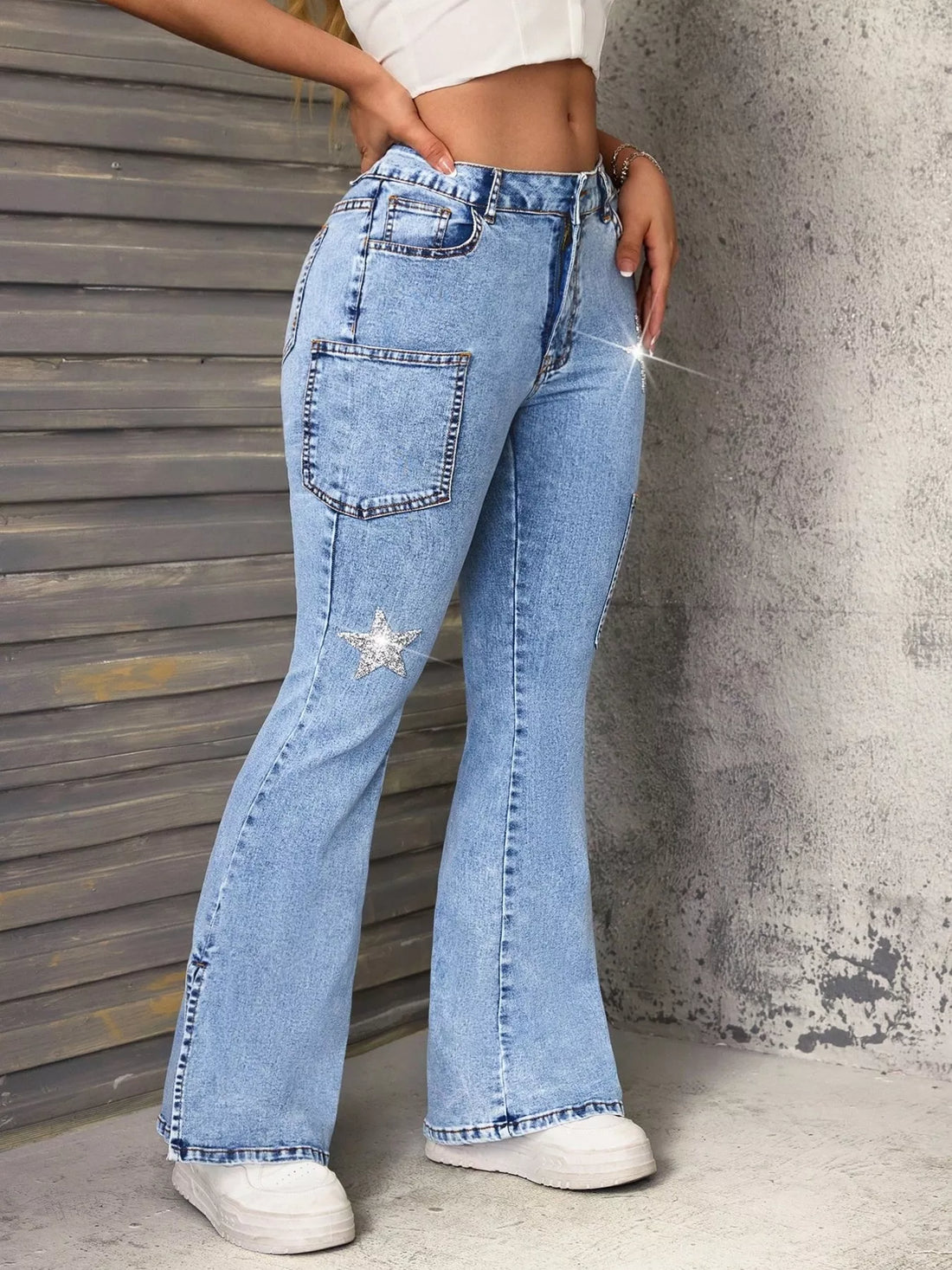 Slit Star Flare Leg Jeans - cas7m